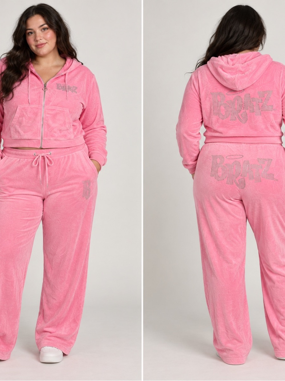 Dolls Kill Pink Velour Zip Hoodie & Jogger Set with Rhinestone Logo